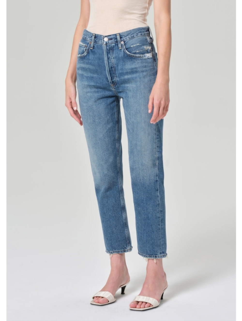 Agolde Washed Blue High-Rise Cropped Jeans with Frayed Hem